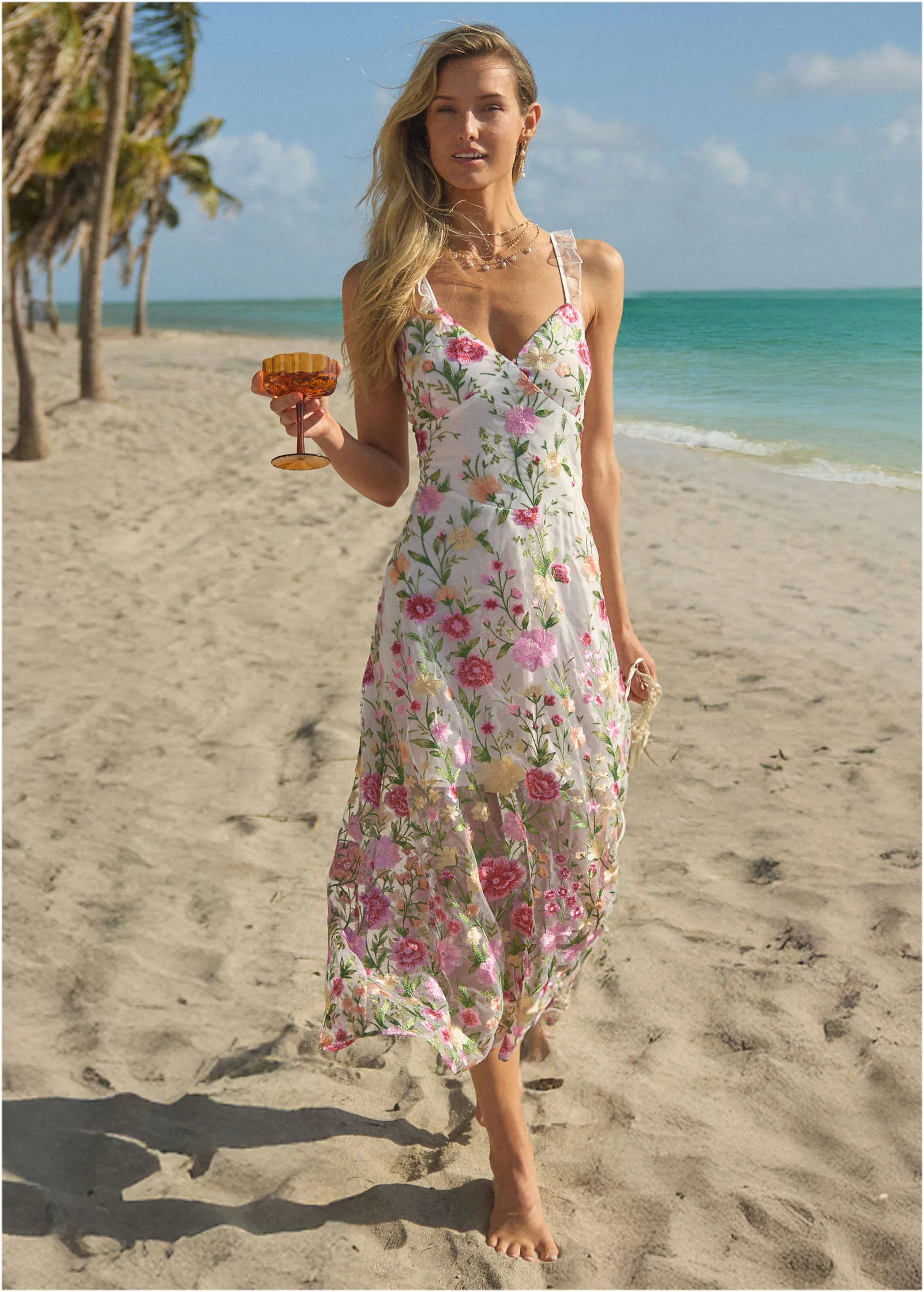 Sheer Embroidered Maxi  - White Multi | VENUS