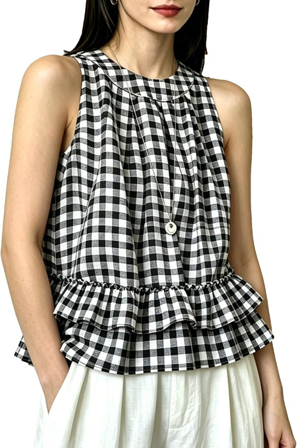 HangNiFang Women's Summer Casual Gingham Sleeveless Peplum Tank Tops Round Neck Double Ruffle Hem... | Amazon (US)