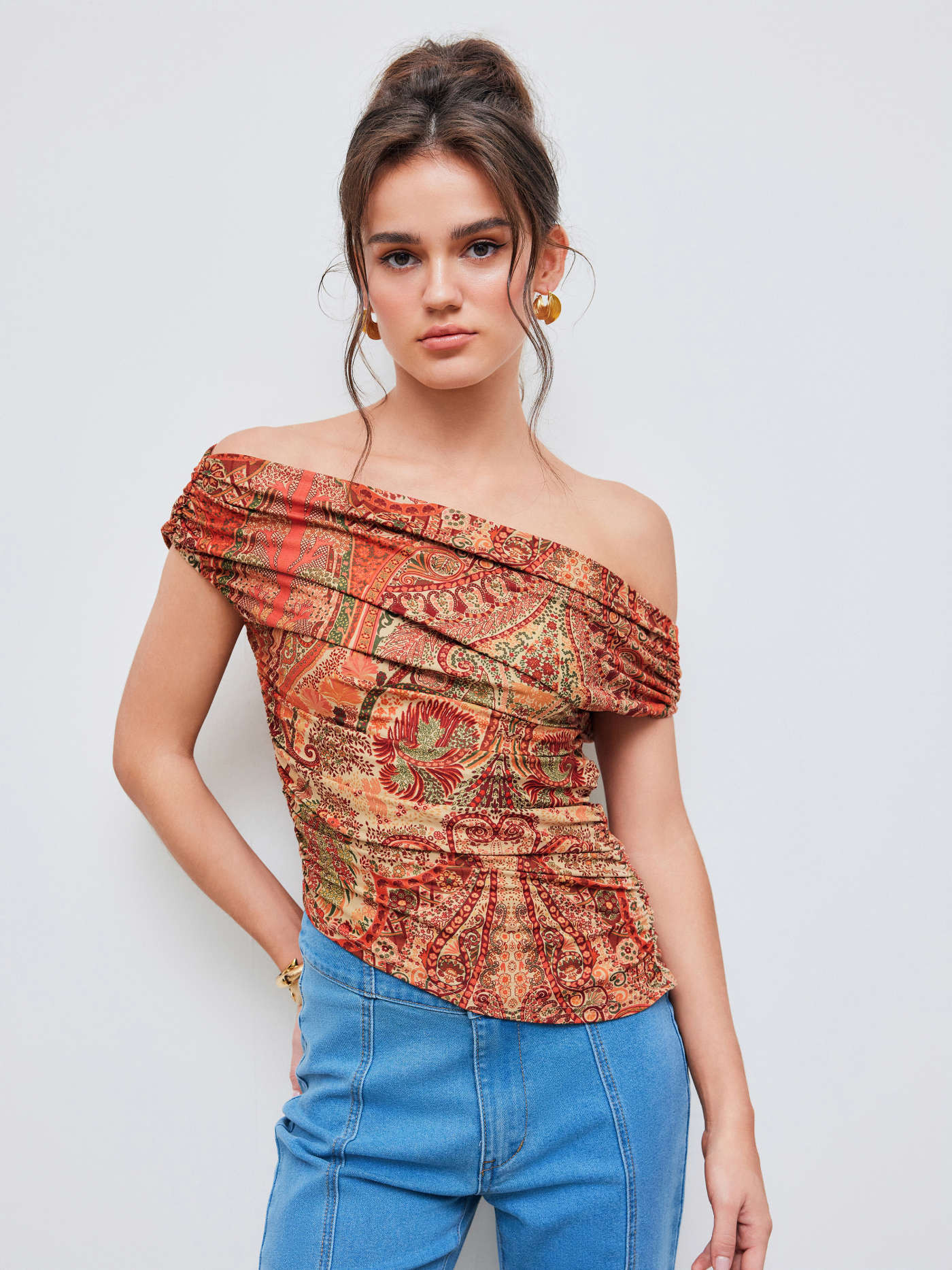 Asymmetrical Neck Aztec Ruched Tank Top | Cider