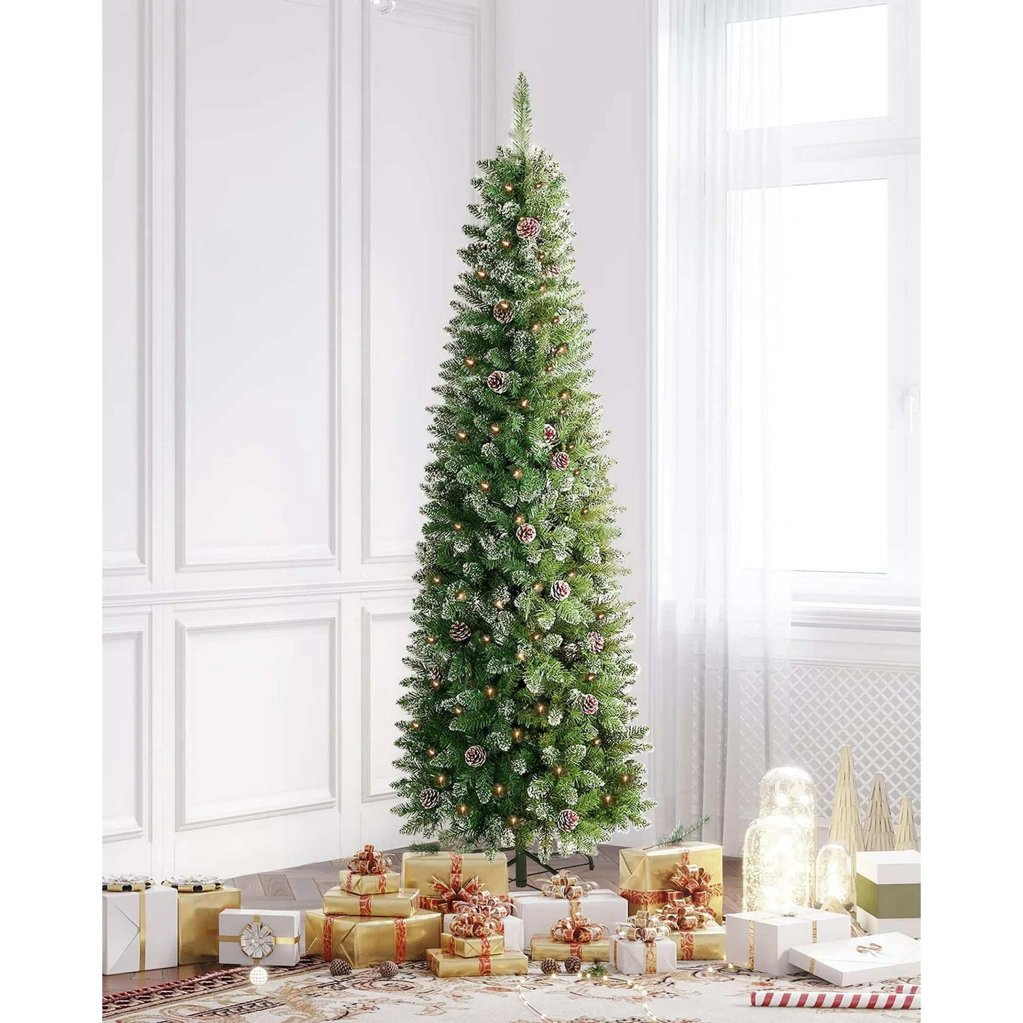OasisCraft Flocked Pencil Christmas Tree Pre-lit, 6ft Hinged Artificial Snow Christmas Tree with ... | Walmart (US)