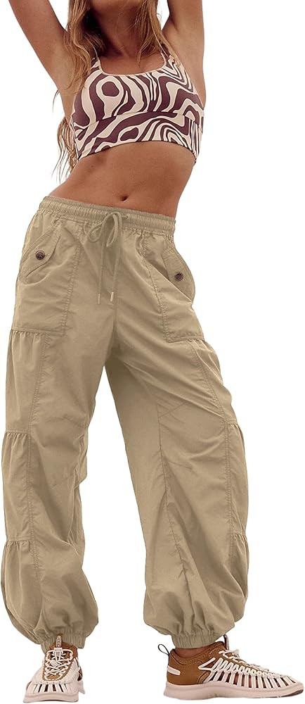 Bankeng Parachute Pants for Women Cargo Pants with Pockets Elastic Waist Drawstring Baggy Hiking ... | Amazon (US)