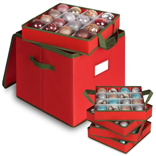 Merkisa Christmas Ornament Storage Box, Ornament Storage Include 4 Trays with Adjustable Dividers, Ornament Organizer with Handle Store Up to 64 Holiday Ornaments, Red | Amazon (US)