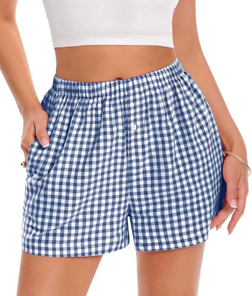 Womens Boxer Shorts Summer Pyjama Bottoms Elastic Waist Plaid Lounge Short Beach Bottoms with Poc... | Amazon (UK)