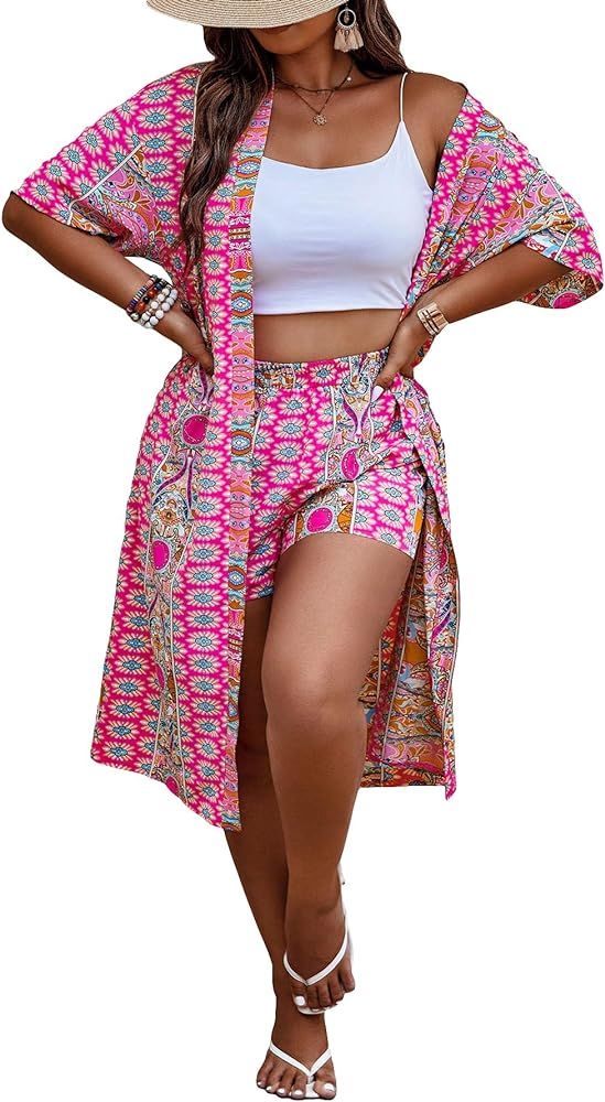 SOLY HUX Women's Plus Size 2 Piece Outfits Boho Print Open Front Half Sleeve Kimono and Shorts Se... | Amazon (US)