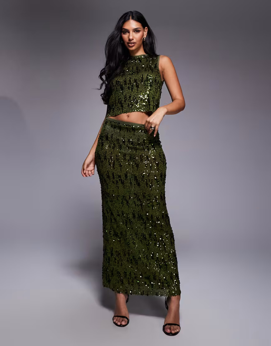 ASOS DESIGN sequin mesh maxi skirt co-ord in green | ASOS (Global)