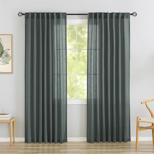 Charcoal Grey Linen Back Tab Curtains 84 Inch Length for Living Room -2 Panels Hook Belt Pleated Drapes Pocket Light Filtering Neutral Modern Farmhouse Privacy Semi Sheer Bedroom Curtains,Dark Gray | Amazon (US)