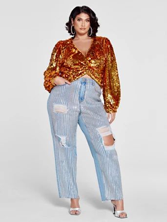 The Turn Up High-Rise Sequin Front Denim Trousers - Patrick Starrr x FTF - Fashion To Figure | Fashion to Figure