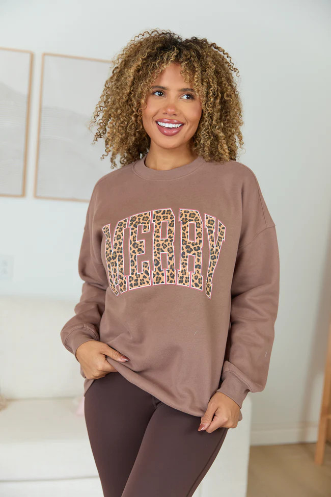 Merry Block Leopard Mocha Graphic Sweatshirt | Pink Lily