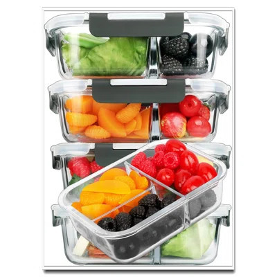 5-Pack 36 Oz (4.5 Cups) Glass Meal Prep Containers - 3 Compartments, Bento Box Style, Microwave/Oven/Freezer/Dishwasher Safe | Wayfair North America