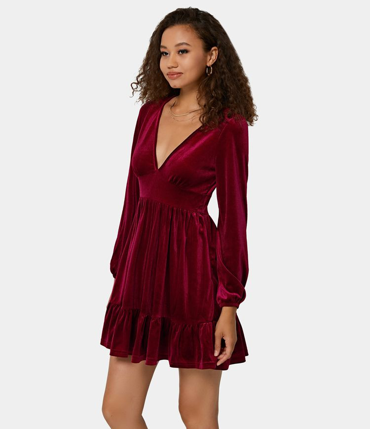 Everyday Deep V Neck Ruffled Hem Velvet Mini Chill Party Dress | HALARA