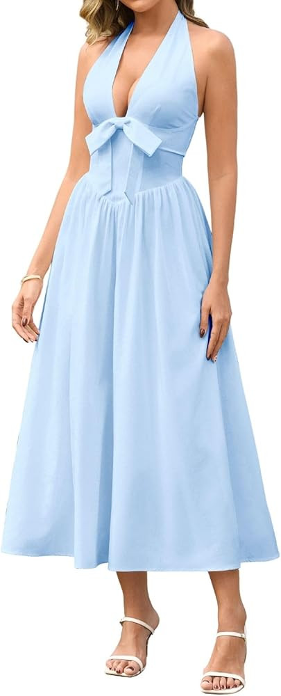 Parthea Summer Halter Bow Corset Midi Dress V Neck Flowy A Line Casual Smocked Sundress for Women... | Amazon (US)