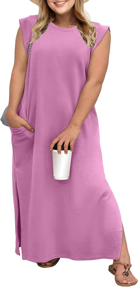 OLRIK 2025 Summer Women's Plus Size Maxi Dresses for Curvy Women Casual Split Long Dress with Poc... | Amazon (US)