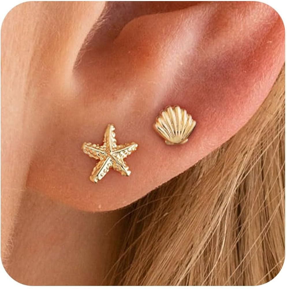 VRIUA Starfish Earrings for Women - 14K Gold/Silver Plated Dainty Starfish Seashell Earrings Hypo... | Amazon (US)