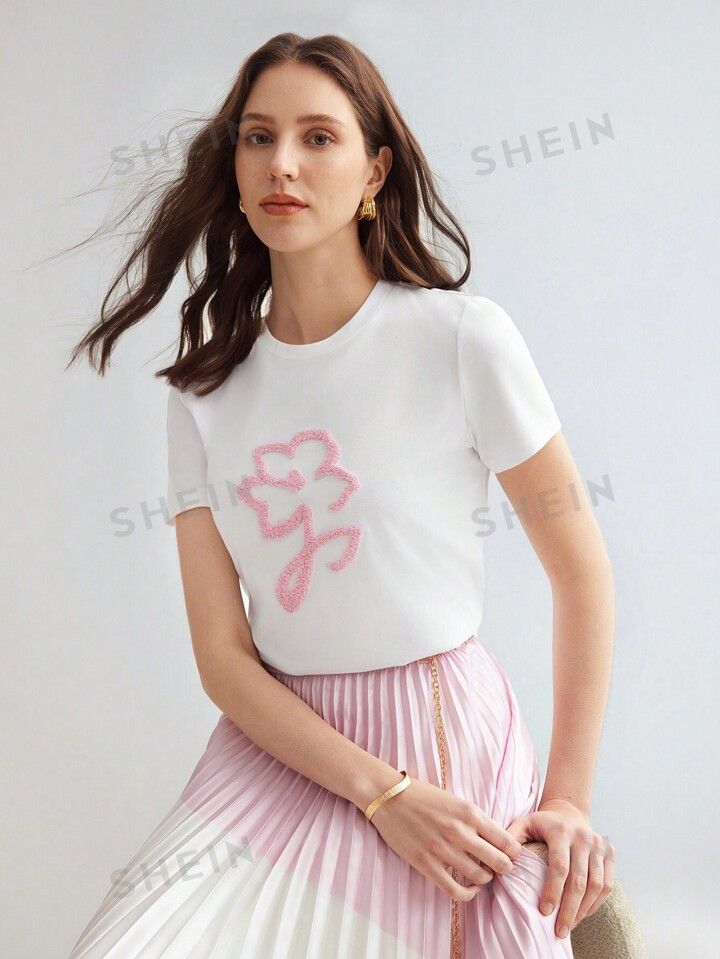 MOTF PREMIUM Gebreid Vrouwen T-shirts Met Bloemenpatroon | SHEIN  Nederland | SHEIN