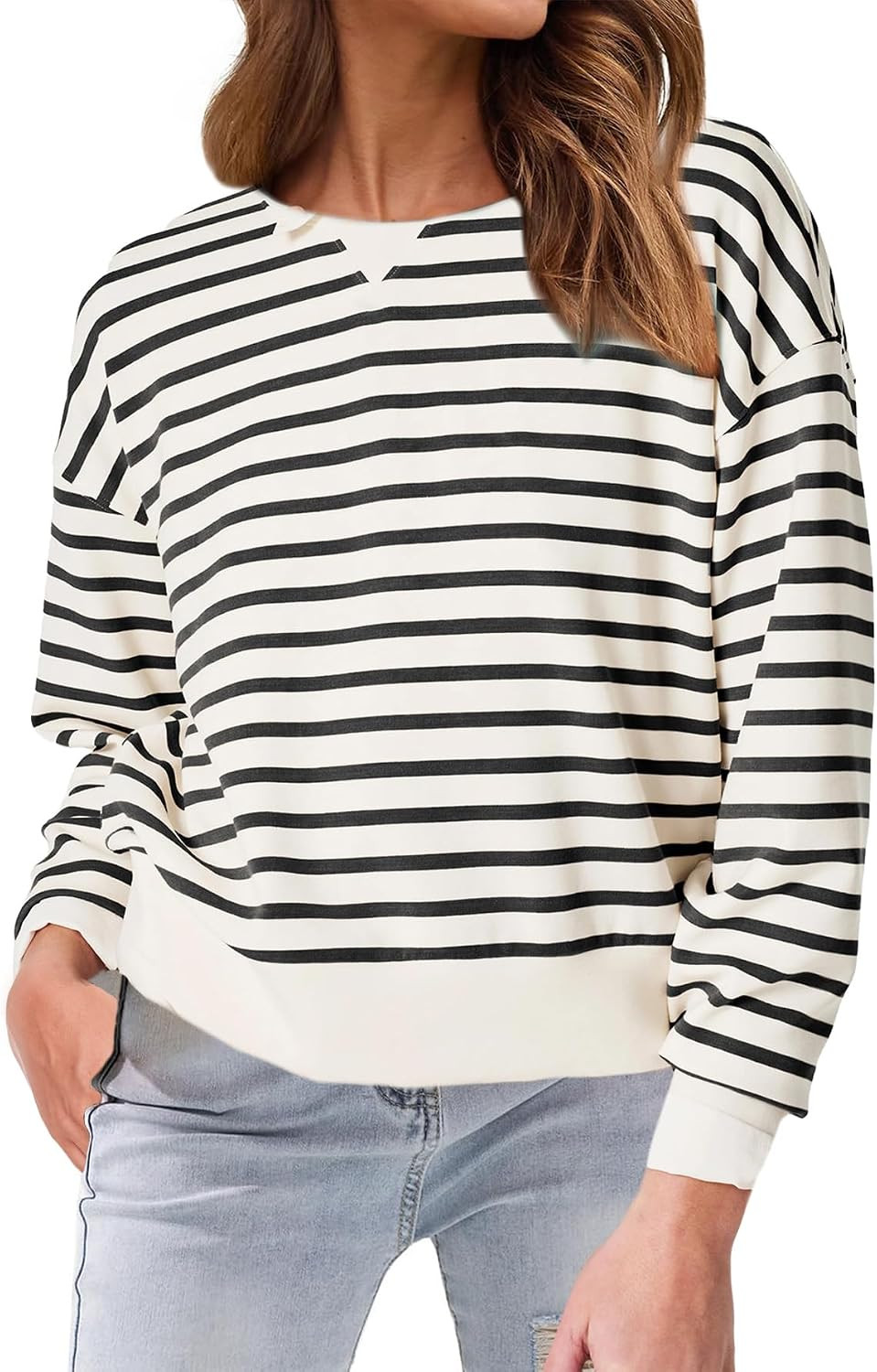 Glamaker Women's Striped Crewneck Sweatshirt Pullover Casual Long Sleeve Cropped Shirts Loose Fit Tops | Amazon (US)