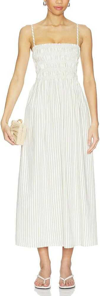 Women Spaghetti Strap Smocked Striped Maxi Beach Sundress with Pockets | Amazon (US)