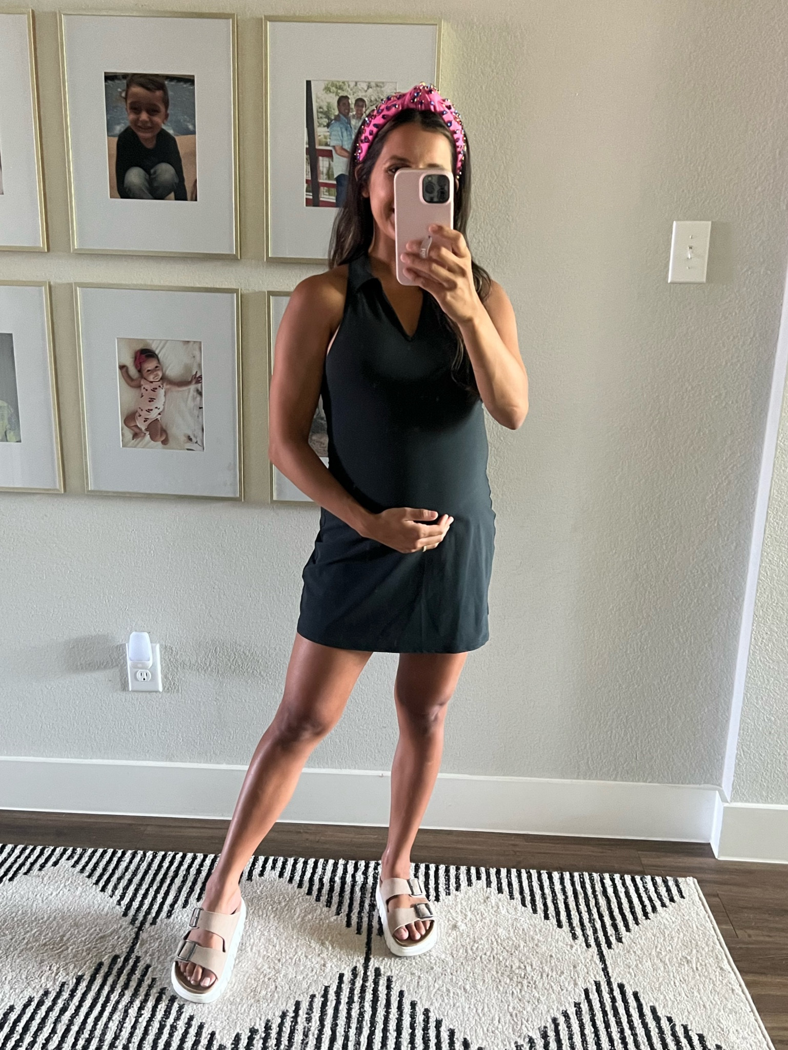 Tennis dress, active dress, black dress, Birkenstocks, Birkenstock sandals, lele sadoughi headband, rhinestone headband, maternity, maternity outfits 

#LTKstyletip #LTKSeasonal #LTKbump