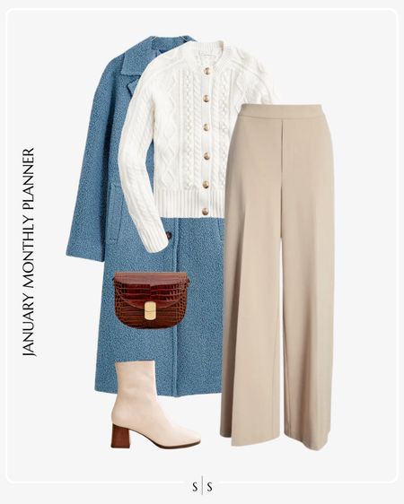 Monthly outfit planner: JANUARY: Winter looks | trouser pant, cable knit cardigan, blue top coat, patent boot, saddle crossbody bag 

See the entire calendar on thesarahstories.com ✨ 

#LTKstyletip #LTKworkwear