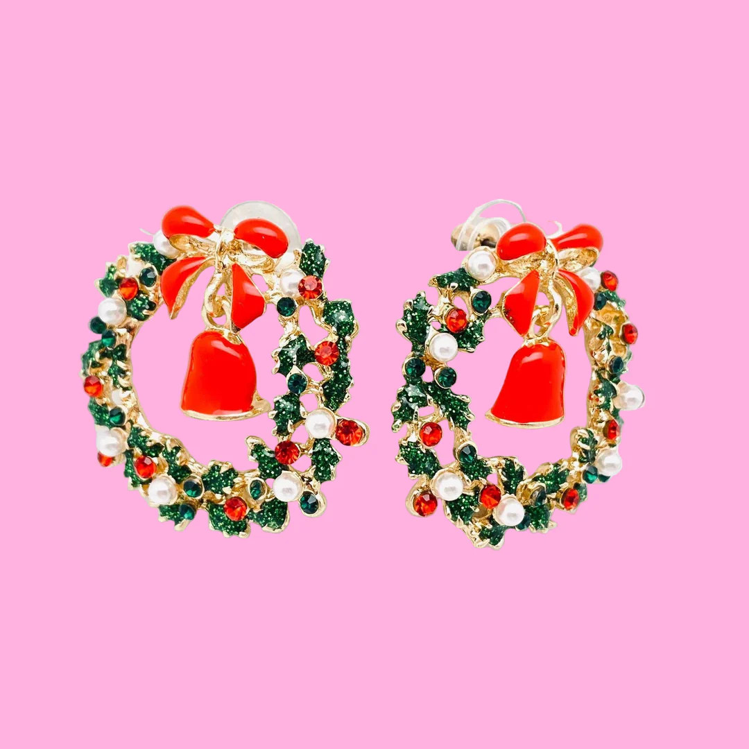 Christmas Rhinestone Wreath Bow Bell Earrings | Teggy French