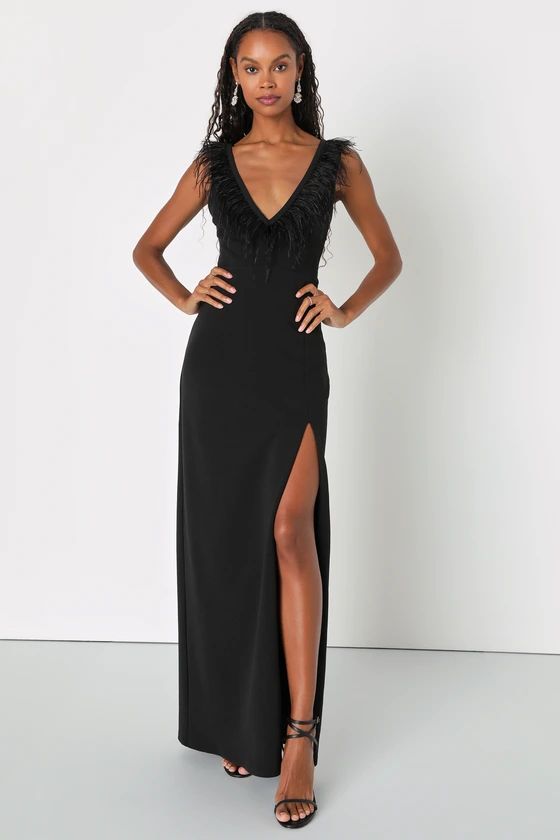 Sensational Flair Black Feather Sleeveless Maxi Dress | Lulus