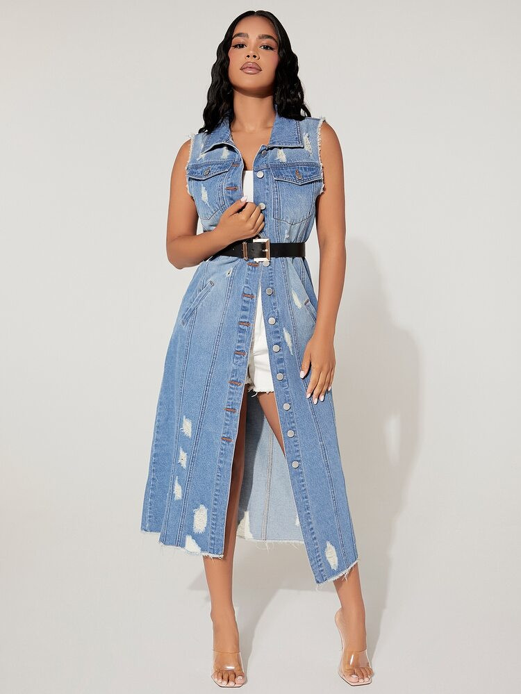 SHEIN PETITE Ripped Raw Cut Vest Denim Jacket Without Belt | SHEIN