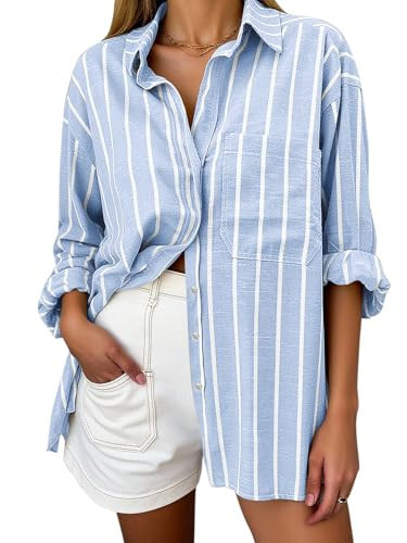 Oversized Button Down Shirts for Women Linen Shirt Long Sleeve Collared Blouses with Pocket Beach Vacation Outfit 2026 Blue White Striped S | Amazon (US)