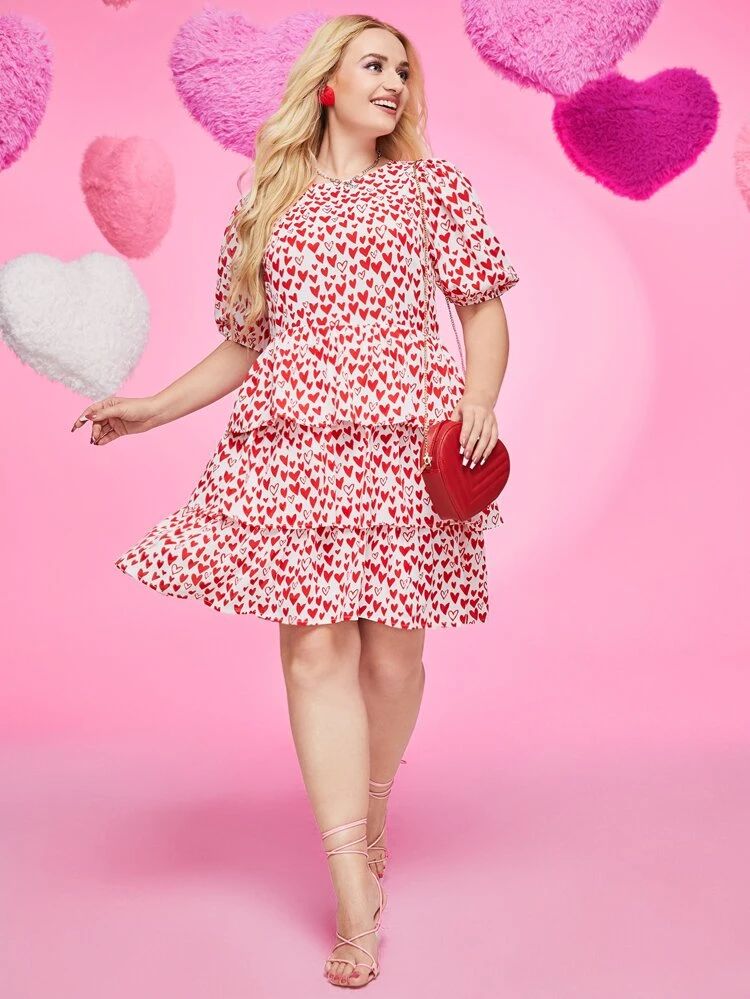 SHEIN Plus Allover Heart Print Layered Hem Dress | SHEIN