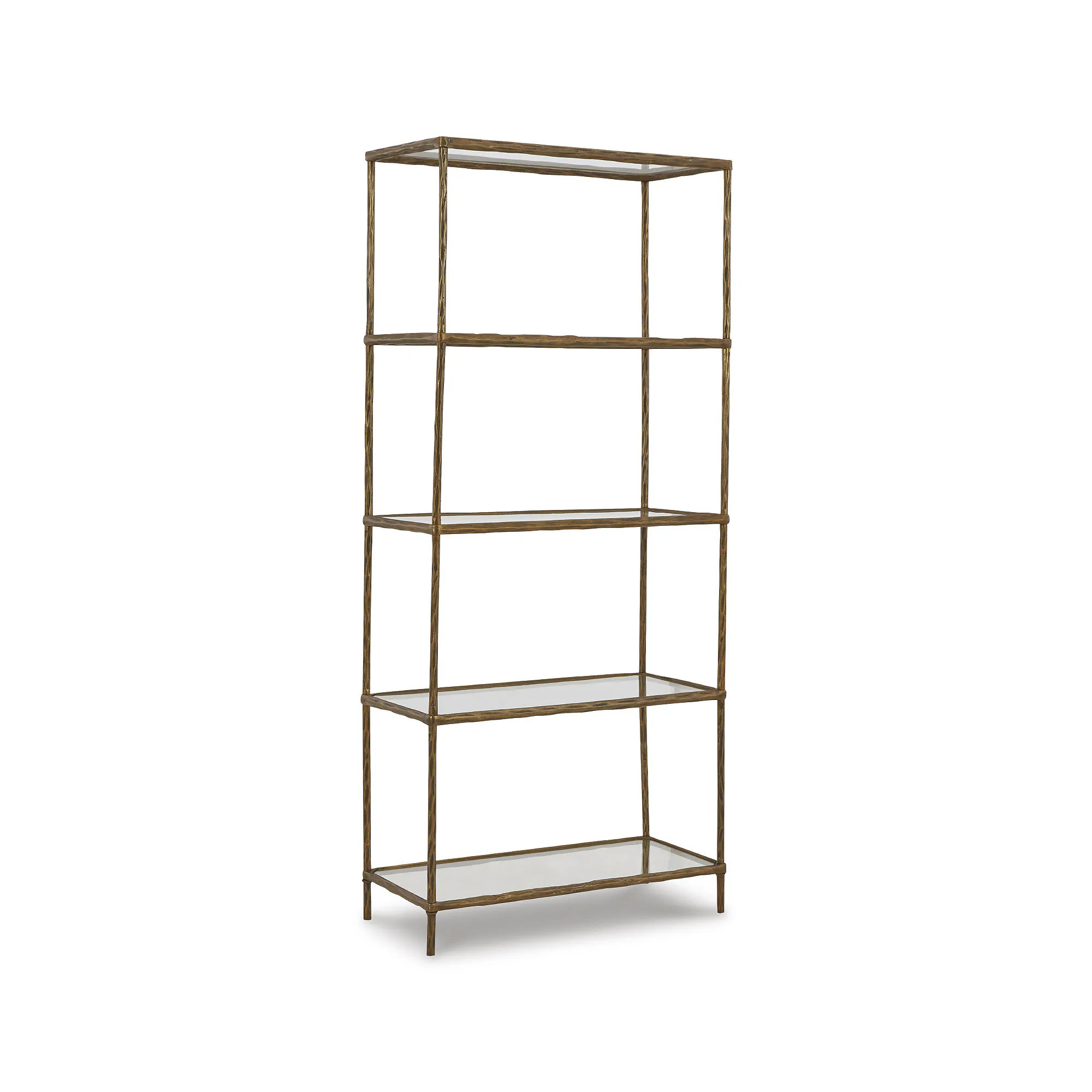 Signature Design by Ashley Ryandale 73 inch Bookcase Antique Brass Finish Metal Frame with Clear Glass Shelves Modern Industrial 5-Shelf Display | Lowe's