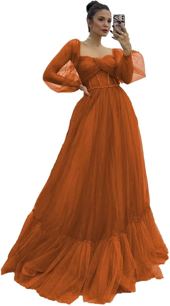 CWOAPO Long Puffy Sleeve Prom Dress Sweetheart Tulle Ball Gown for Women A Line Formal Evening Pa... | Amazon (US)