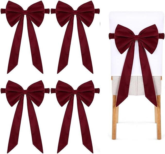 4Pack Christmas Burgundy Velvet Chair Sashes 12 x 6 Inch Sashes Chair Bows Tie Back for Christmas... | Amazon (US)