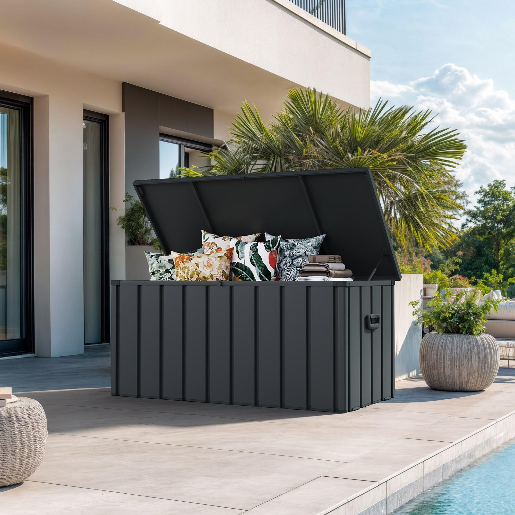 PURPLE LEAF Outdoor Deck Box 100 Gallon Waterproof Lockable Storage Box Container with Lid Deck Organization for Patio Cushions Side Table Pool Accessories Garden Tools, Gray | Amazon (US)
