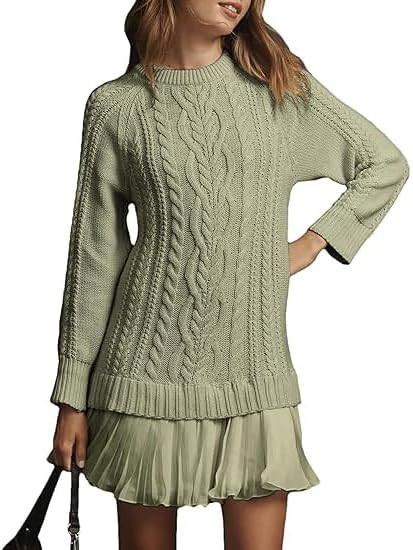 Sweater Dress with Skirt, Cableknit Sweater Dress, Crewneck Long Sleeve Pleated Mini Dress | Amazon (US)
