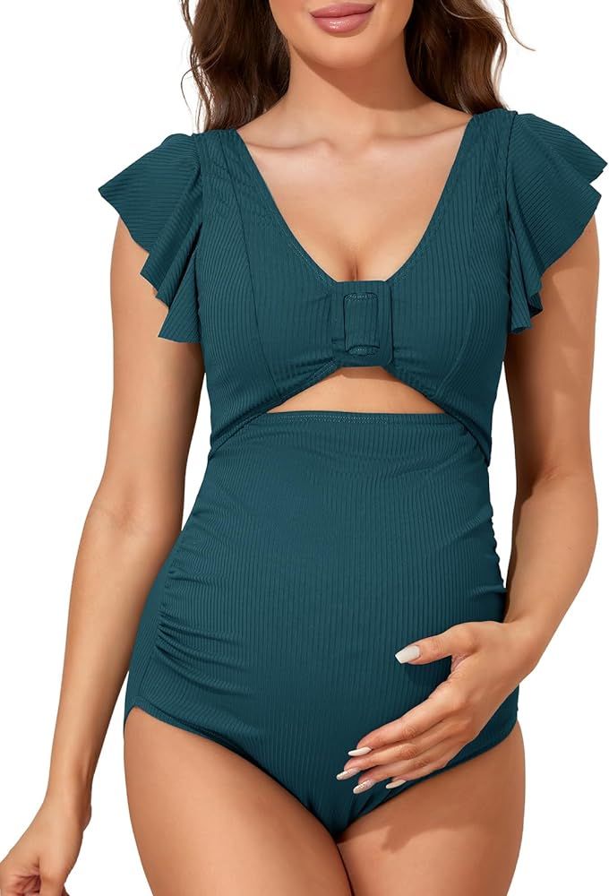 Summer Mae Ribbed Maternity Swimsuit Cutout One Piece Ruffle Sleeve Pregnancy Bathing Suit High W... | Amazon (US)