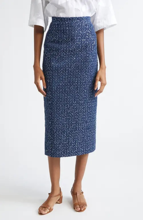 Michael Kors Collection Sequin Embellished Pencil Midi Skirt in Indigo/Silver at Nordstrom, Size 8 | Nordstrom