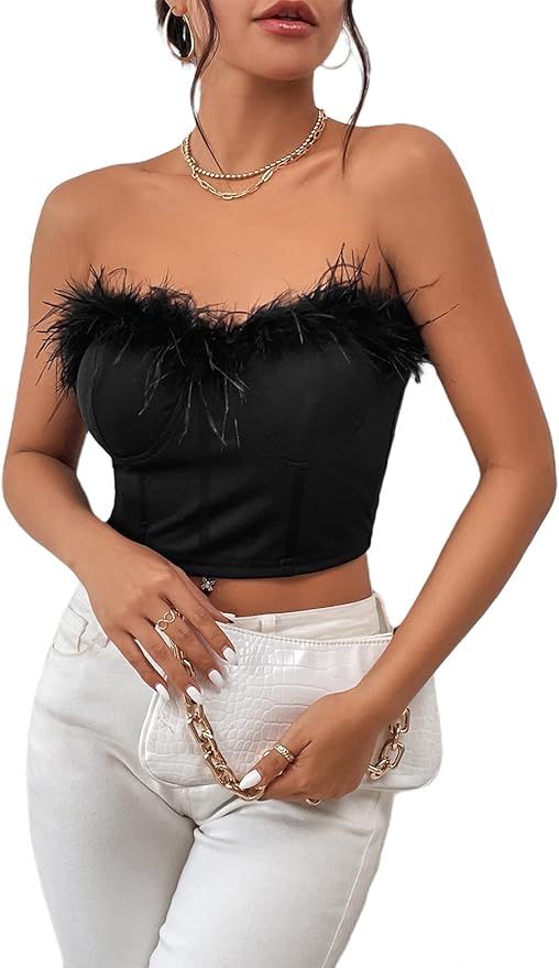 LovelyWholesale Women's Feather Trim Corset Bustier Crop Top Off Shoulder Tube Tops | Amazon (US)