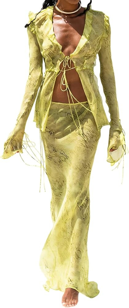 Skirt Sets Women 2 Piece Outfits Sexy See Through Lace Strapless Tube Tops Bodycon Maxi Skirt Y2K... | Amazon (US)