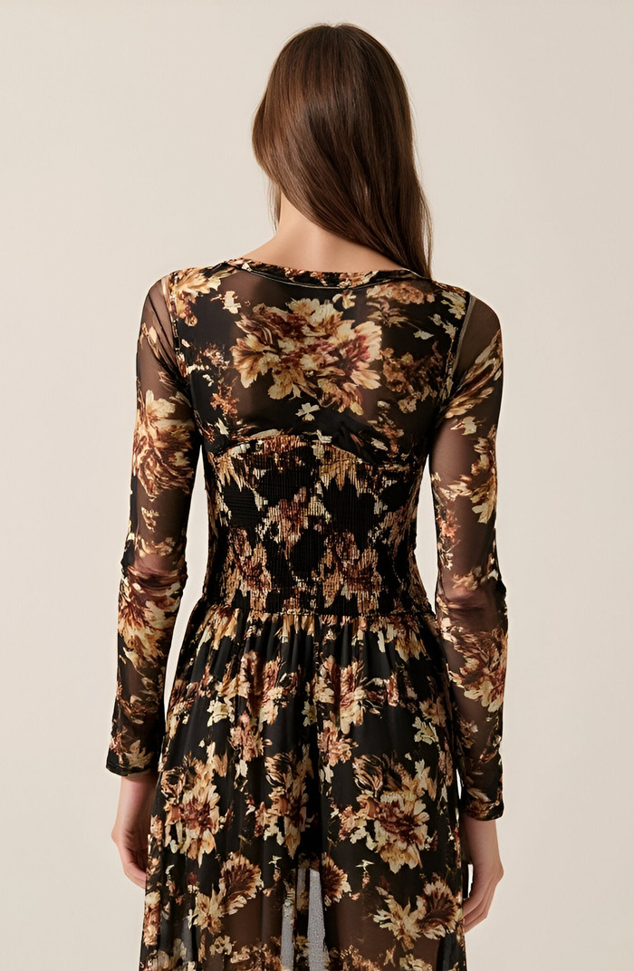 Floral Mesh Midi Dress with Contour Bodice | Nordstrom