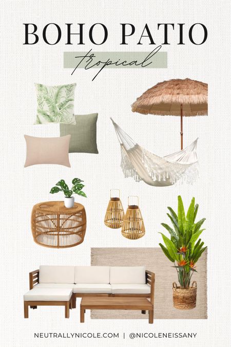 Tropical boho patio decor style

// #ltkhome #ltkseasonal #ltkfind #ltkstyletip #ltkunder50 #ltkunder100 home decor, patio decor, backyard decor, patio furniture, backyard furniture, outdoor plant, plant stand, outdoor decor, outdoor furniture, outdoor rug, boho rug, geometric rug, area rug, patio rug, throw pillows, patio chair, lounge chair, patio sofa, outdoor couch, side table, accent table, throw pillows couch, coffee table, patio umbrella, rattan lanterns, bamboo lanterns, outdoor lanterns, neutrals, hammock, woven baskets, plants, artificial plants, neutral style, minimalist, Target, Amazon, Rugs USA, Nearly Natural