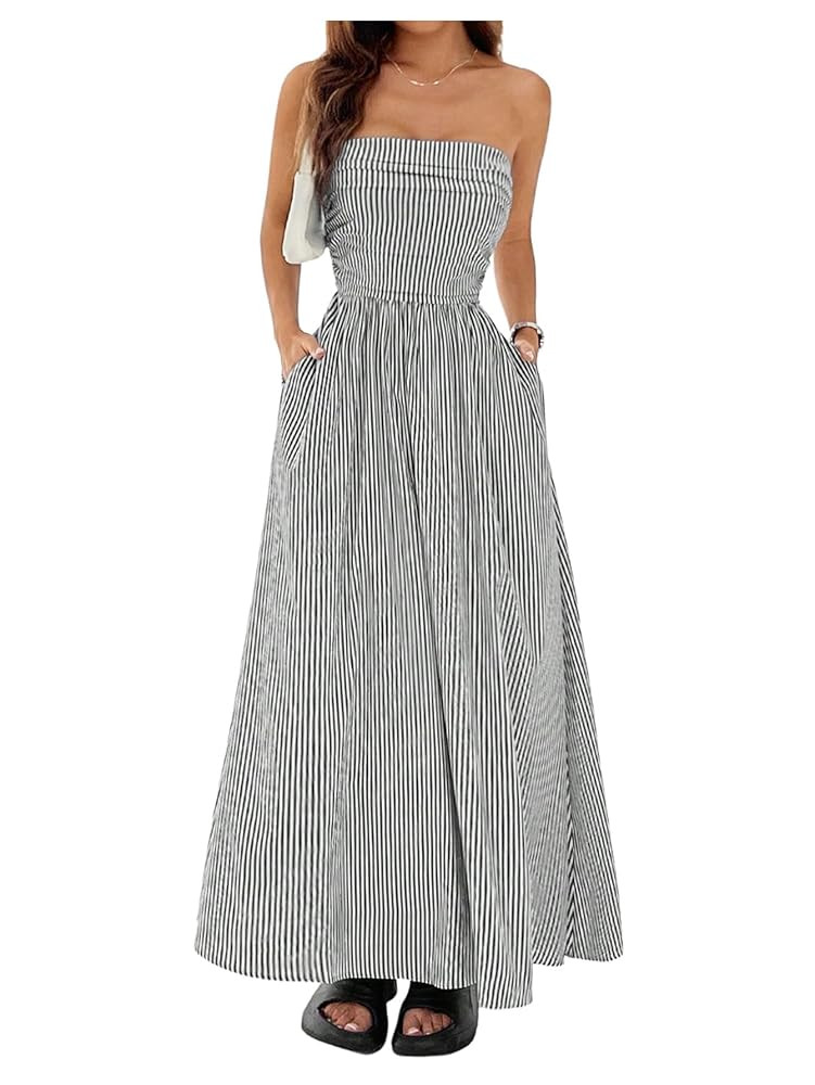 Milumia Women's Striped Strapless Maxi Dress Summer Flared Tube Top Long Dresses with Pocket | Amazon (US)