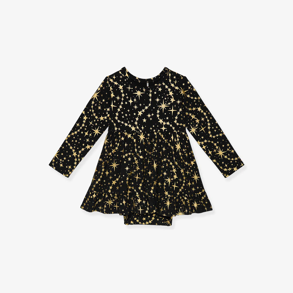 NYE Black Long Sleeve Calypso Ruffled Bodysuit Dress | Posh Peanut® | Posh Peanut