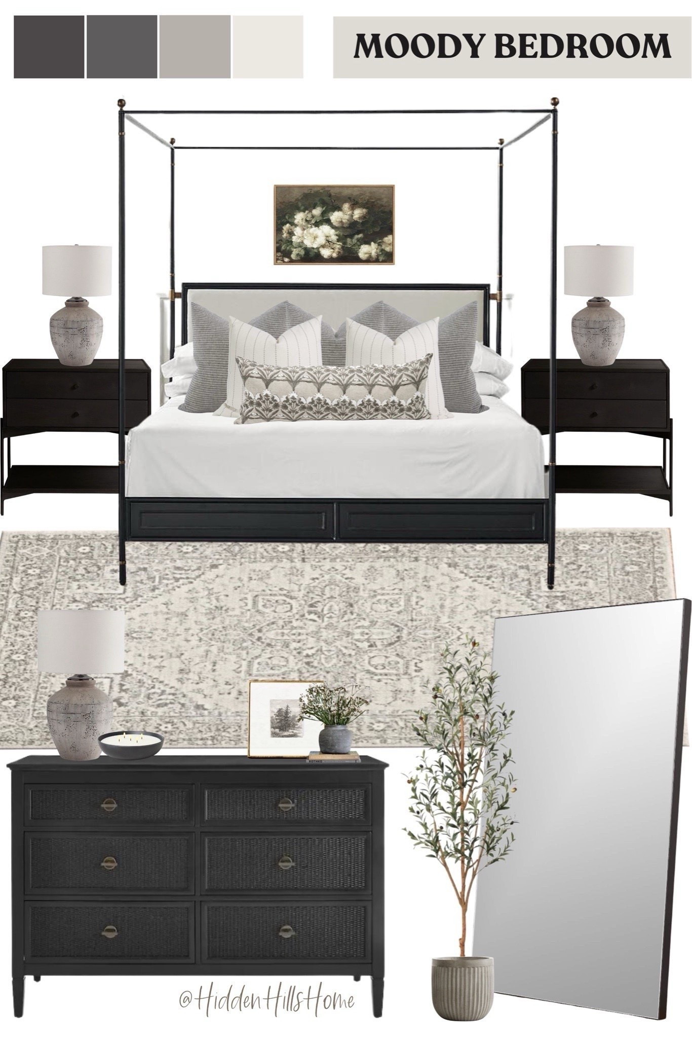 Moody bedroom decor, bedroom design, primary bedroom Inspo, master bedroom, nightstands, canopy bed #bedroom
