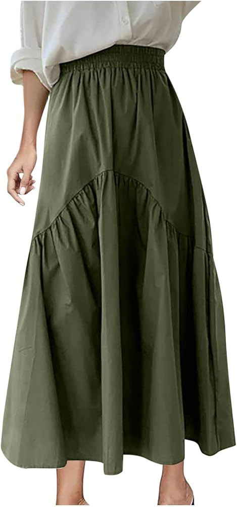 Casual High Waist Skirts for Women Pleated Vintage Maxi A-Line Skirt Solid Color Flowy Swing Long... | Amazon (US)