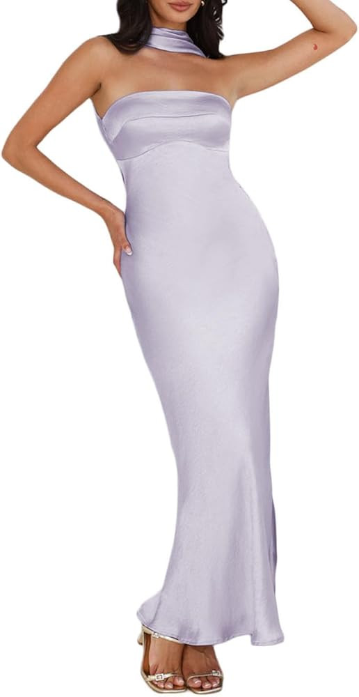 Women's Summer Satin Strapless Tube Top Maxi Dress Elegant Silk Backless Halter Neck Formal Party... | Amazon (US)