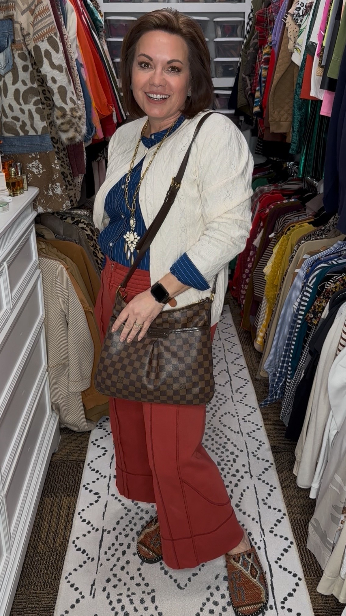 This is one of those outfits that feels pulled together but still comfortable enough for a full day out. I love mixing classic closet staples with a rich pop of color, and these rust wide-leg pants do all the heavy lifting. Layered with a cable knit cardigan and a striped button-down, this look works for errands, casual meetings, or lunch with friends. Finished it off with comfortable flats and a neutral crossbody for an easy, wearable outfit that transitions through seasons. Everything is linked in my LTK for easy shopping.



women over 40 outfits
women over 50 casual outfit
wide leg pants outfit women
rust pants outfit
classic casual outfit women
comfortable everyday outfit
layered outfit women
neutral cardigan outfit
striped button down women
closet staple outfits


#LTKmorningroutine #LTKFindsUnder50 #LTKootd