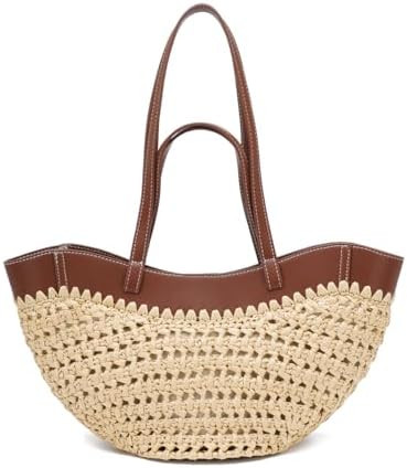Straw Tote Bag for Women, Woven Summer Beach Bag with Leather Trim & Double Straps, Handmade Mesh... | Amazon (US)