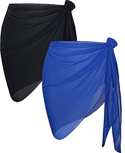 CHICGAL 2 Pieces Women Beach Sarong Bathing Suit Wrap Skirt Sheer Bikini Swimsuit Cover Ups for Swimwear (Black and Solid Dark Blue) | Amazon (US)