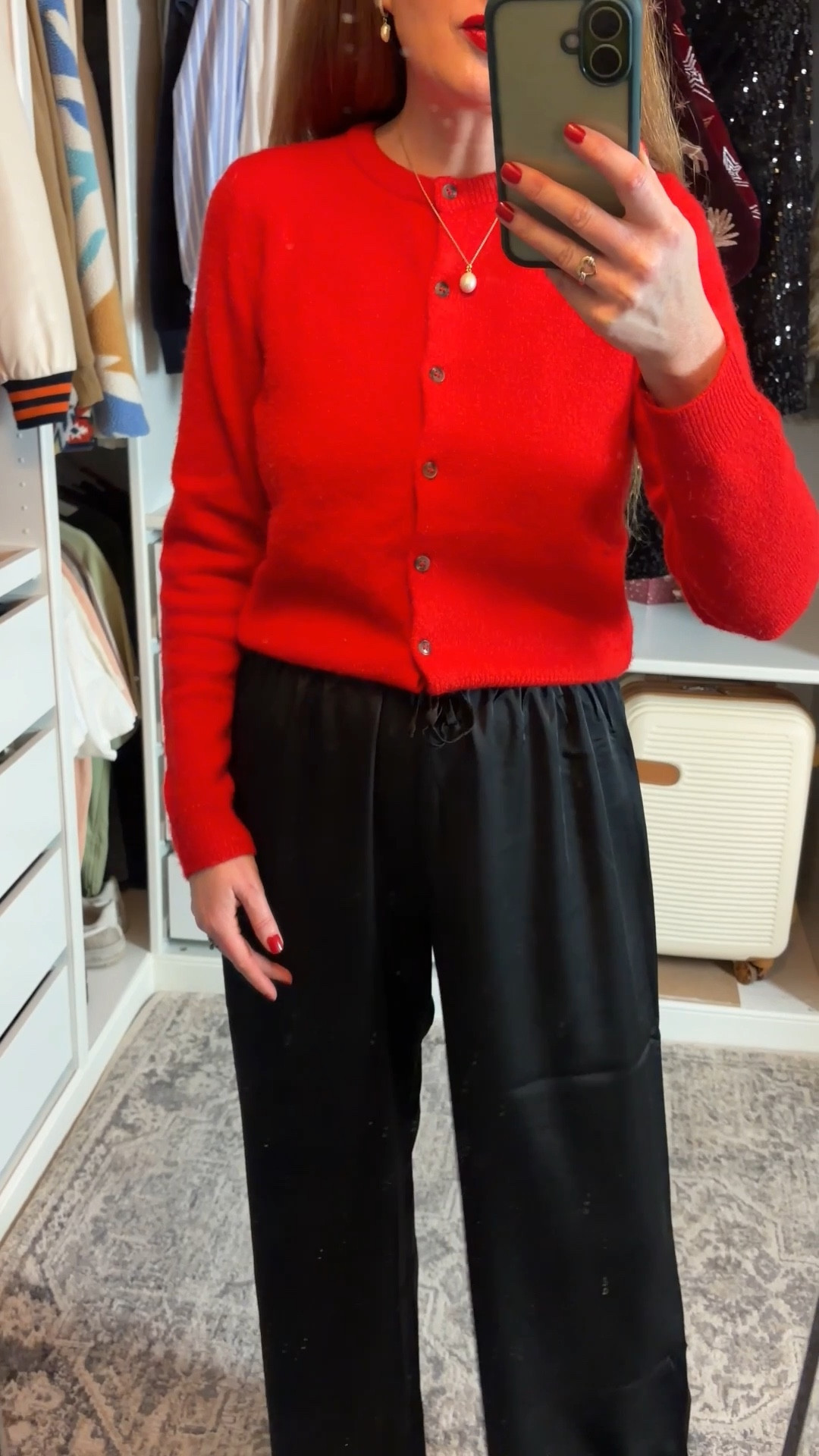 A classic and festive Christmas Day outfit that feels comfy and polished. H&M Red cardigan and Black Satin Trousers ♥️✨🎄 Wearing an XS in the red cardigan and a Small in the trousers. Red cardigan, red knitwear, partywear, satin trousers, Christmas drinks, holiday party outfit, date night outfit, Laura Ruth 

#LTKuk #LTKfestive #LTKpartywear