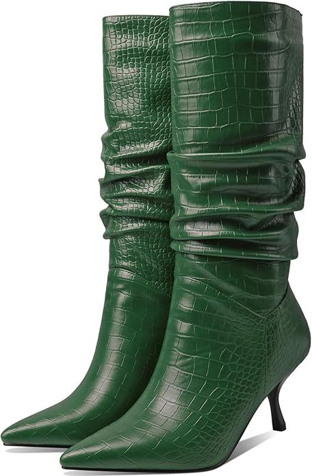 Women Low Kitten Heel Slouch Mid Calf Boots Pointed Closed Toe Wide Calf Western Boots Pull On 2"... | Amazon (US)