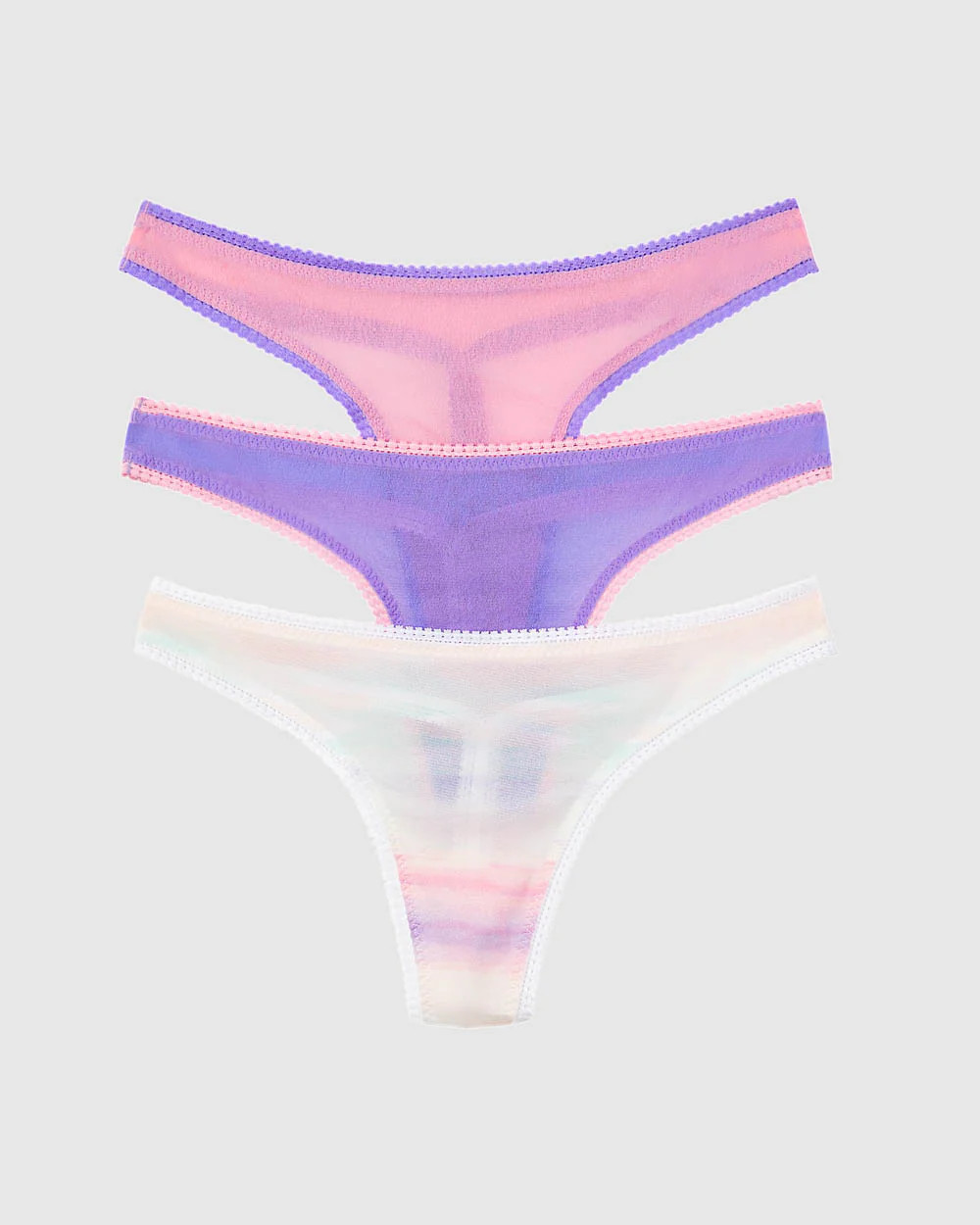 Gossamer Mesh Hip G Thong Underwear 3-Pack - Iris Sea Pink Sunset Stri | On Gossamer
