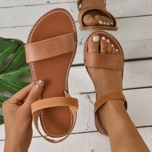 Women Minimalist Flat Sandals, Elegant Brown Ankle Strap Sandals | SHEIN